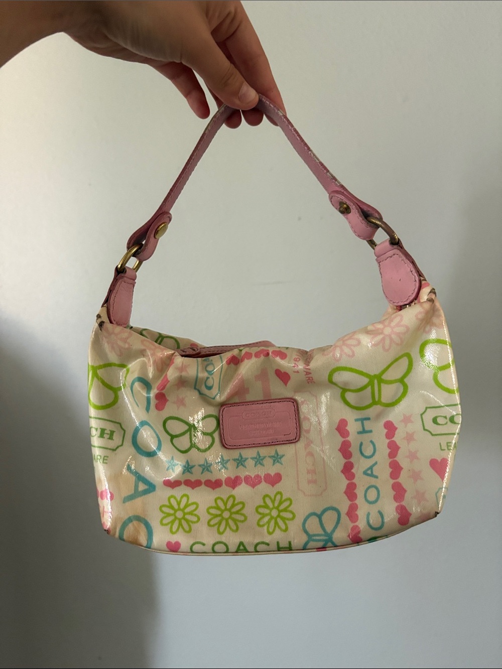 Coach Cream Multicolor Signature Mini Shoulder Bag with Pink Handle